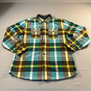 Eddie Bauer Brown and Teal Green Plaid Button Down Fleece Shirt Jacket